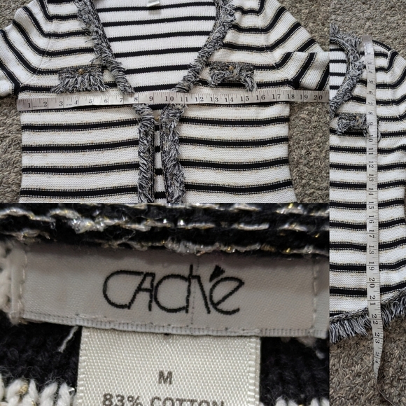 Vintage Cache Black White Striped Gold Long Sleeve Fringe Cardigan Sweater M - Picture 9 of 9